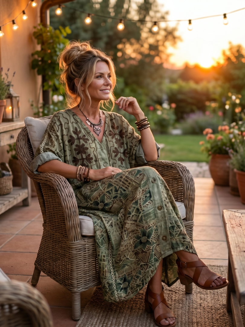Aleta | Vestido midi oversize abotonado, bordado y con bolsillos