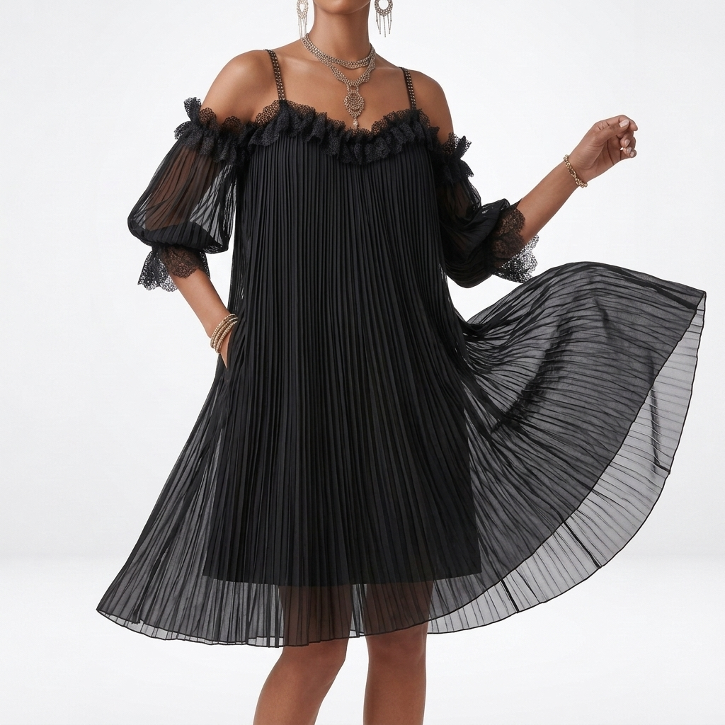 Volantine™ — Vestido corto con hombros al aire, plisado y con volantes