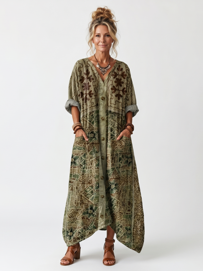 Aleta | Vestido midi oversize abotonado, bordado y con bolsillos