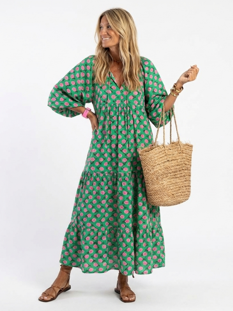 Fiora | Vestido midi con volantes, cuello en V y estampado floral