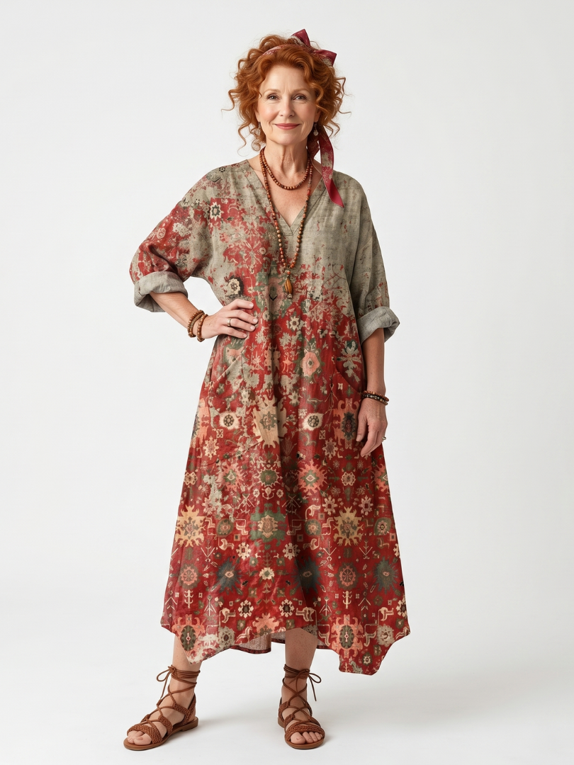 Saffron | Vestido midi informal con estampado unisex y bolsillos