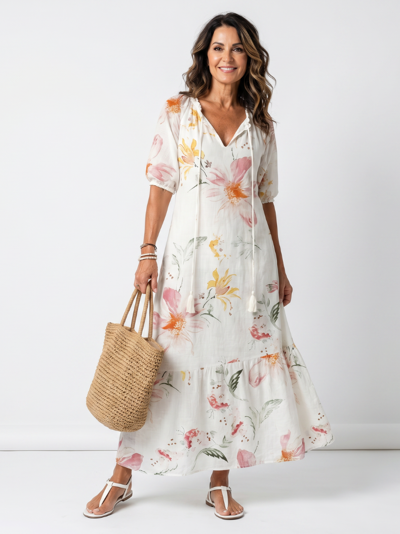 Noa | Vestido midi con volantes y pompones, con un suave estampado floral