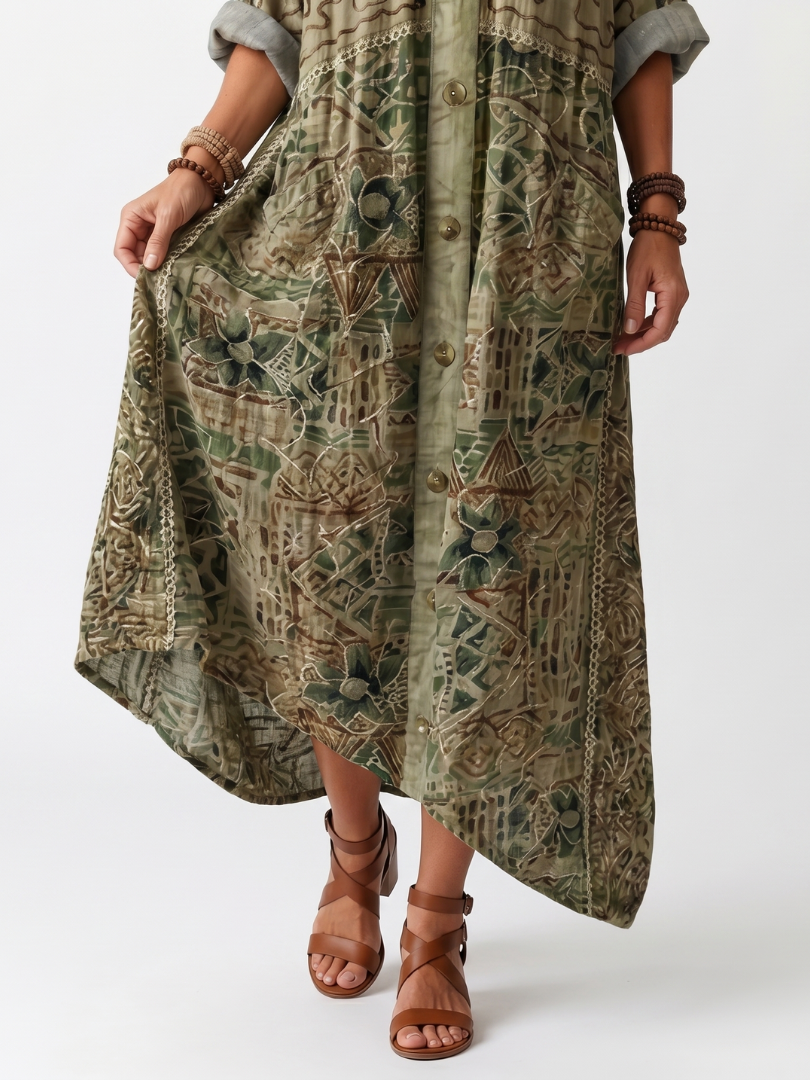Aleta | Vestido midi oversize abotonado, bordado y con bolsillos
