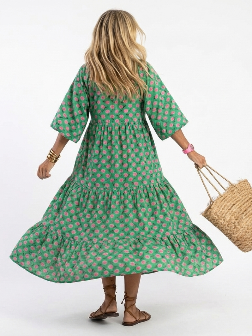 Fiora | Vestido midi con volantes, cuello en V y estampado floral