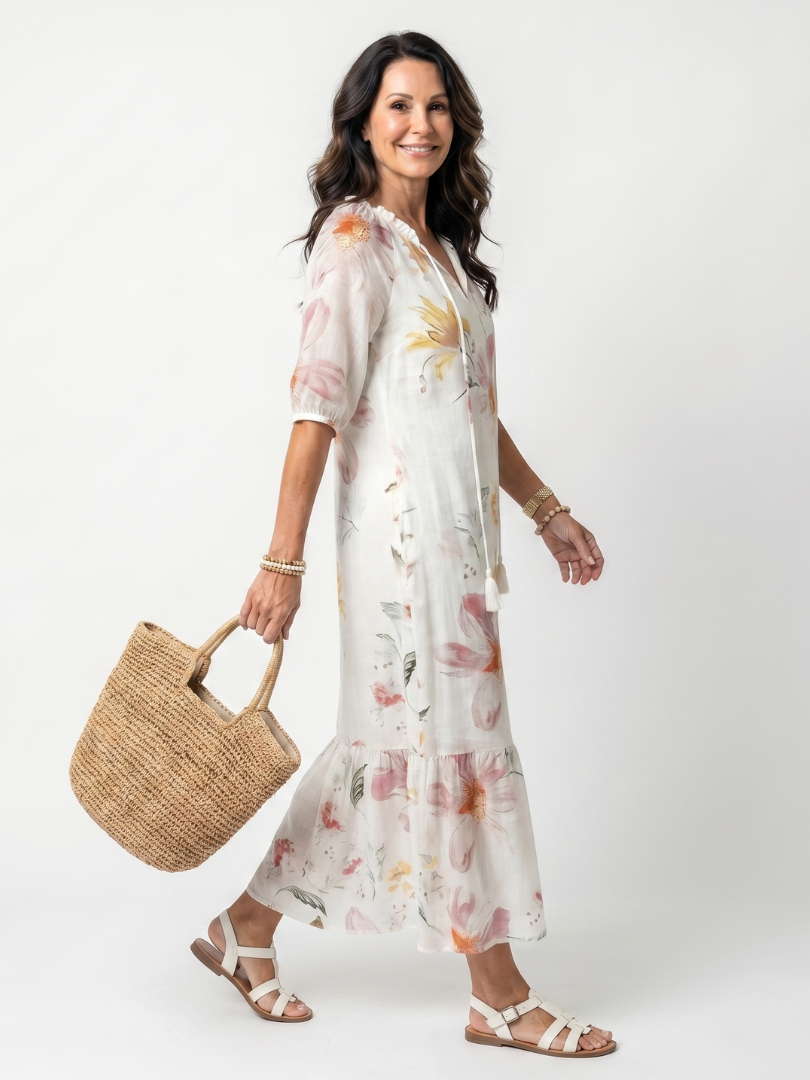 Noa | Vestido midi con volantes y pompones, con un suave estampado floral