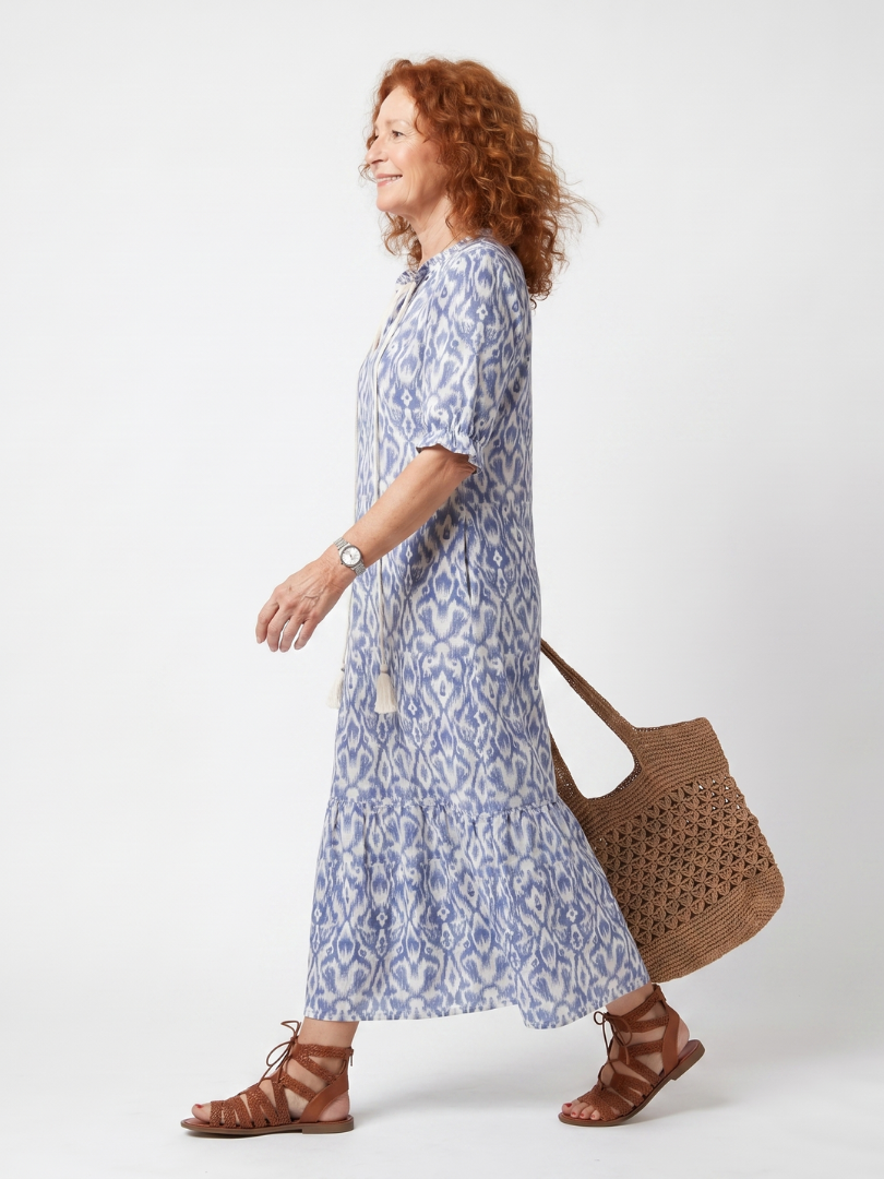 Ottoline | Vestido midi estampado con cuello anudado y pompones
