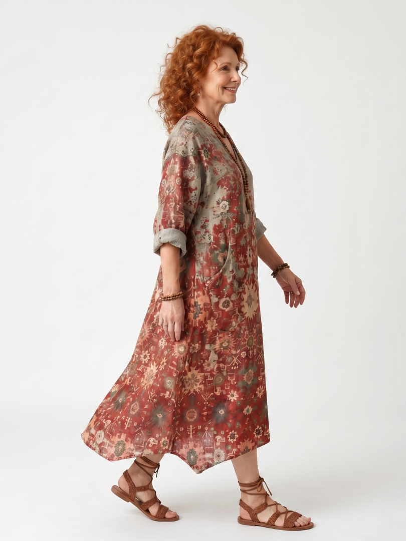 Saffron | Vestido midi informal con estampado unisex y bolsillos