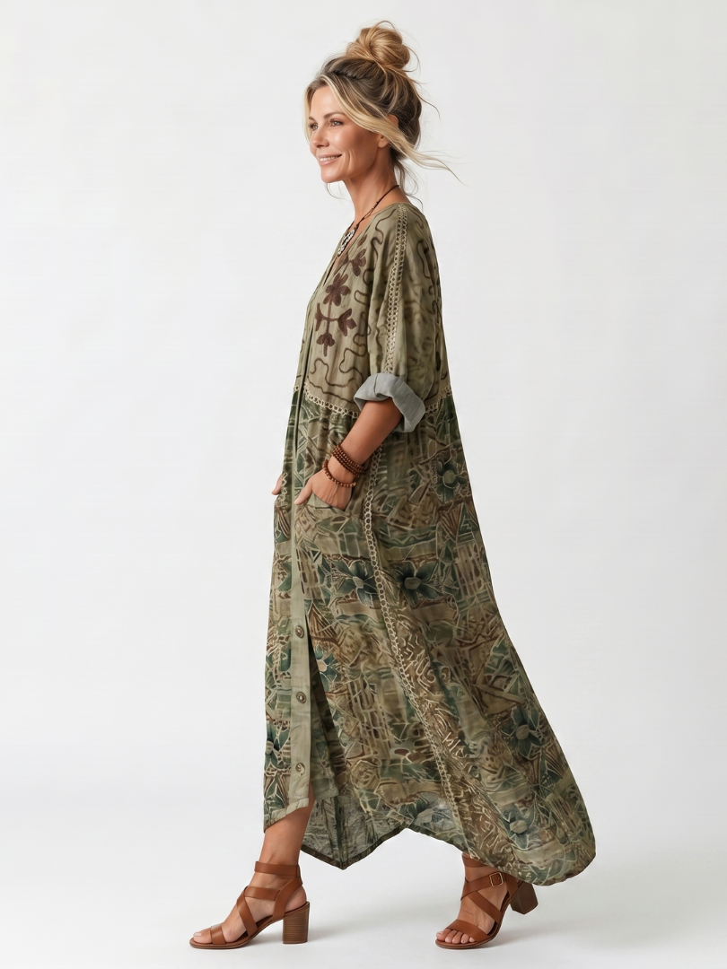 Aleta | Vestido midi oversize abotonado, bordado y con bolsillos