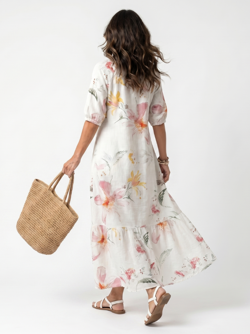 Noa | Vestido midi con volantes y pompones, con un suave estampado floral