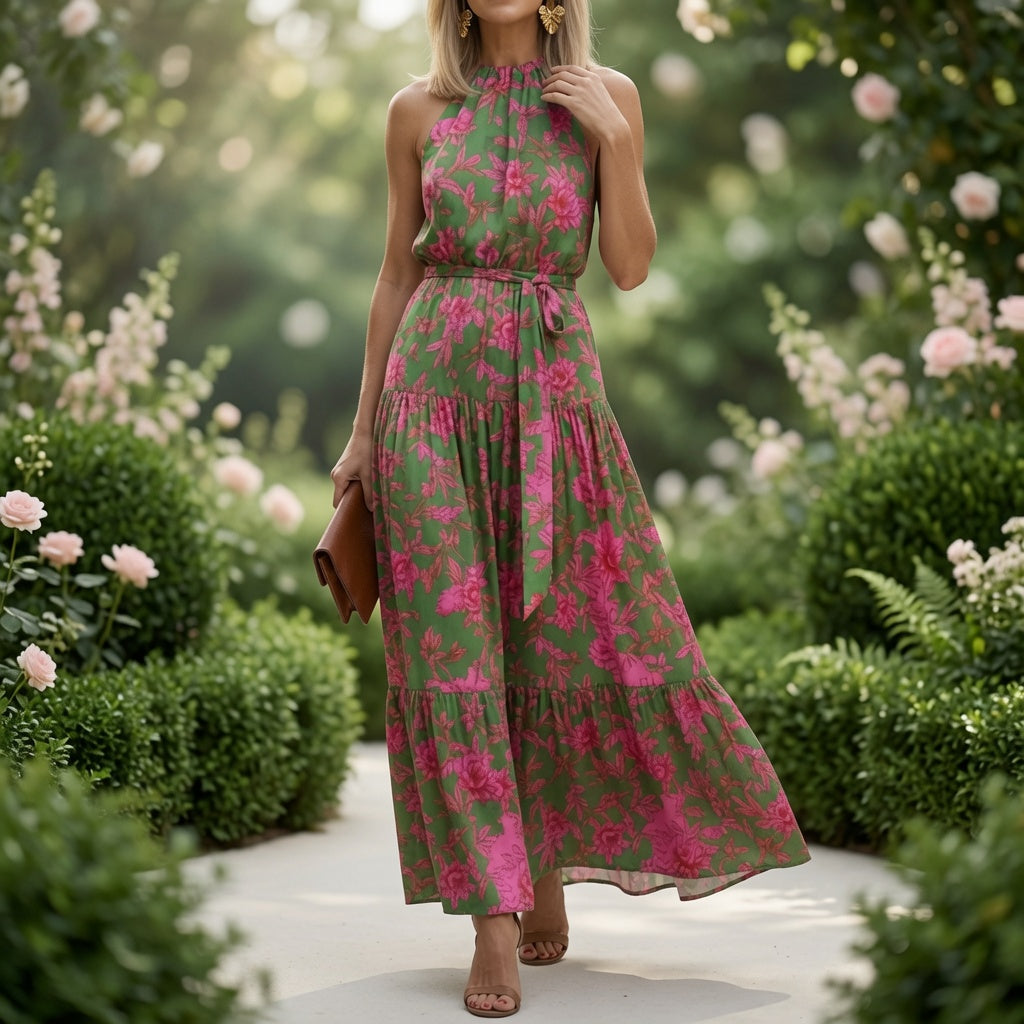 Robe midi drapée en rose avec décolleté halter élégant