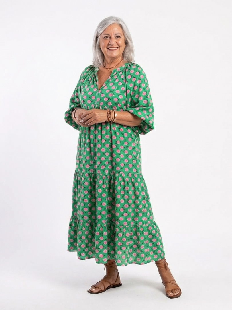 Fiora | Vestido midi con volantes, cuello en V y estampado floral