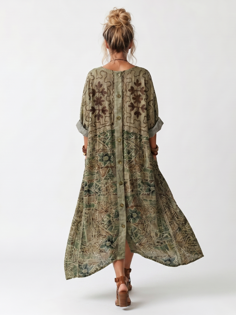 Aleta | Vestido midi oversize abotonado, bordado y con bolsillos