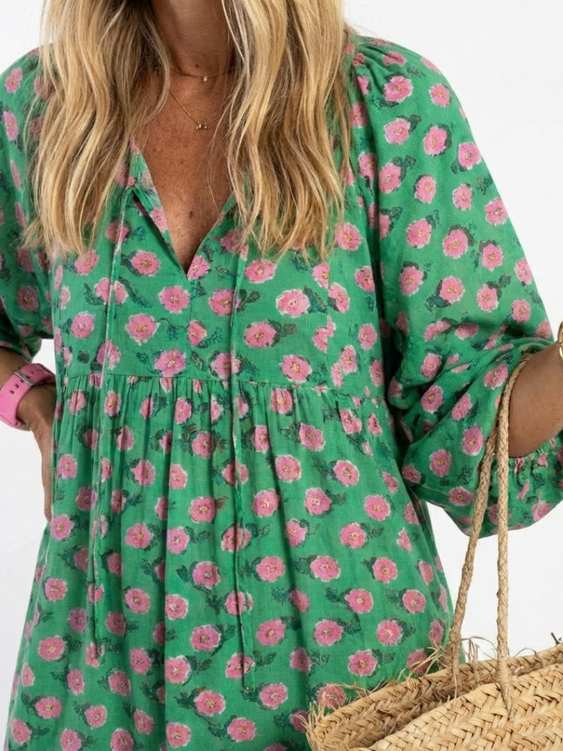 Fiora | Vestido midi con volantes, cuello en V y estampado floral