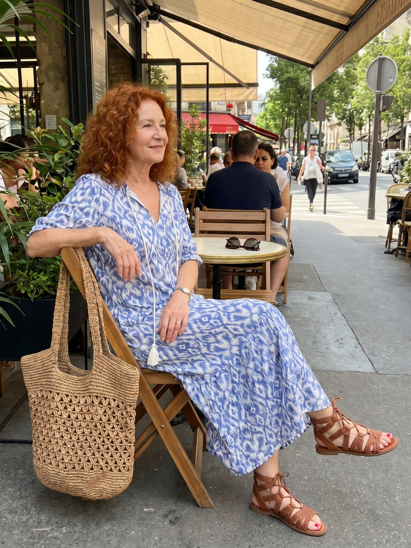 Ottoline | Vestido midi estampado con cuello anudado y pompones