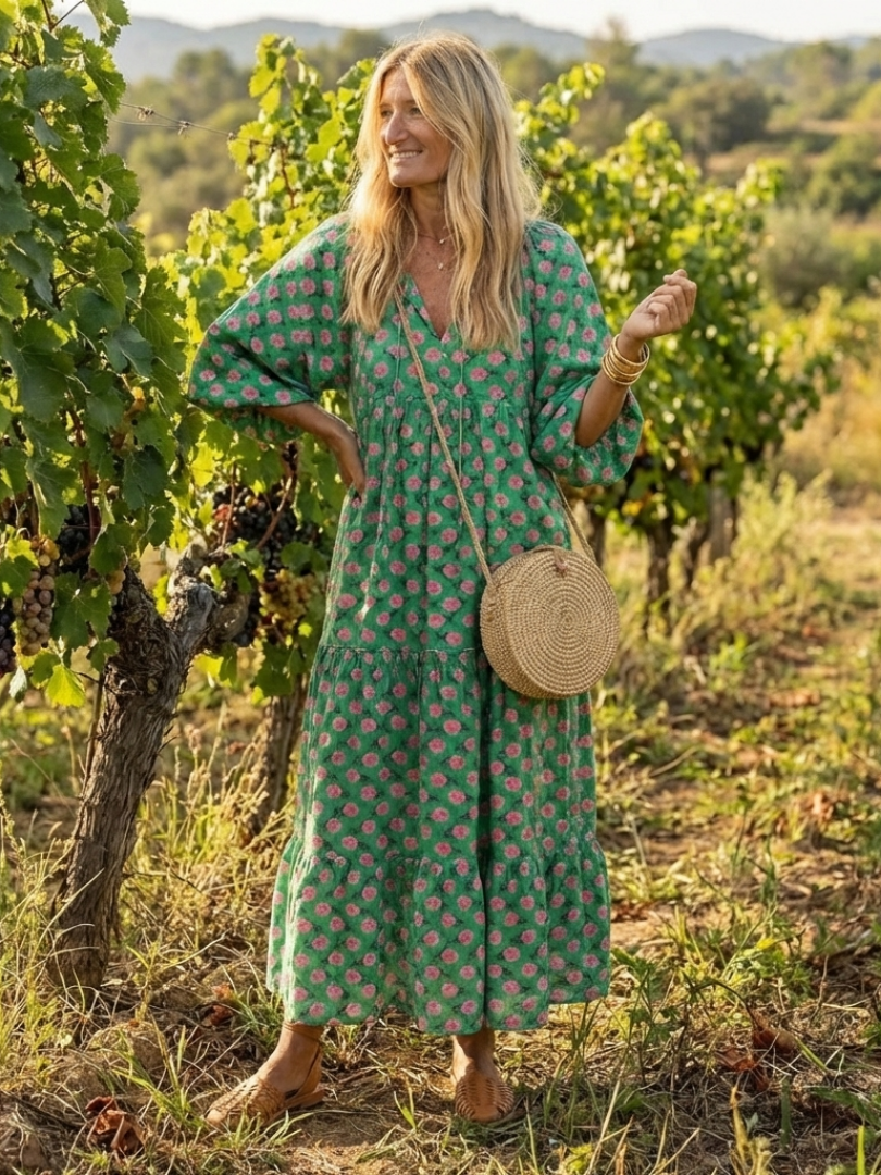 Fiora | Vestido midi con volantes, cuello en V y estampado floral