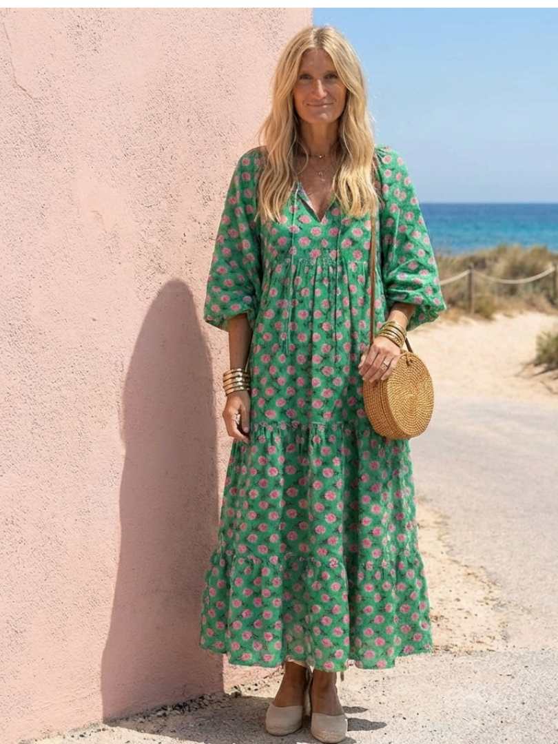 Fiora | Vestido midi con volantes, cuello en V y estampado floral