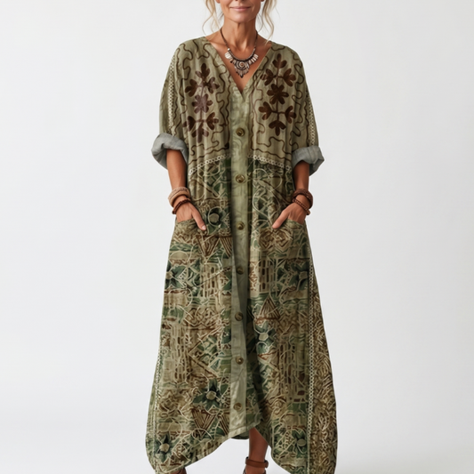 Aleta | Vestido midi oversize abotonado, bordado y con bolsillos
