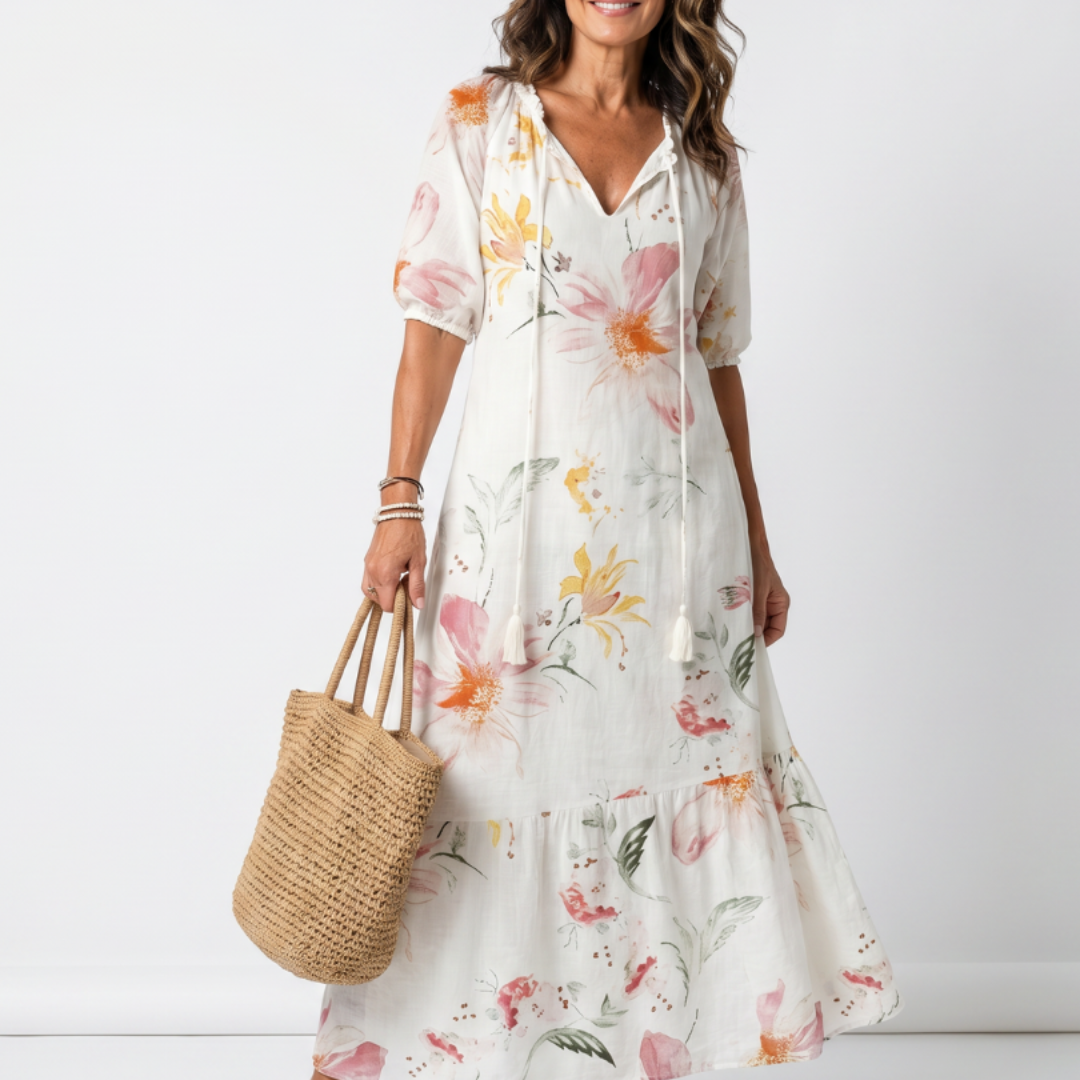 Noa | Vestido midi con volantes y pompones, con un suave estampado floral