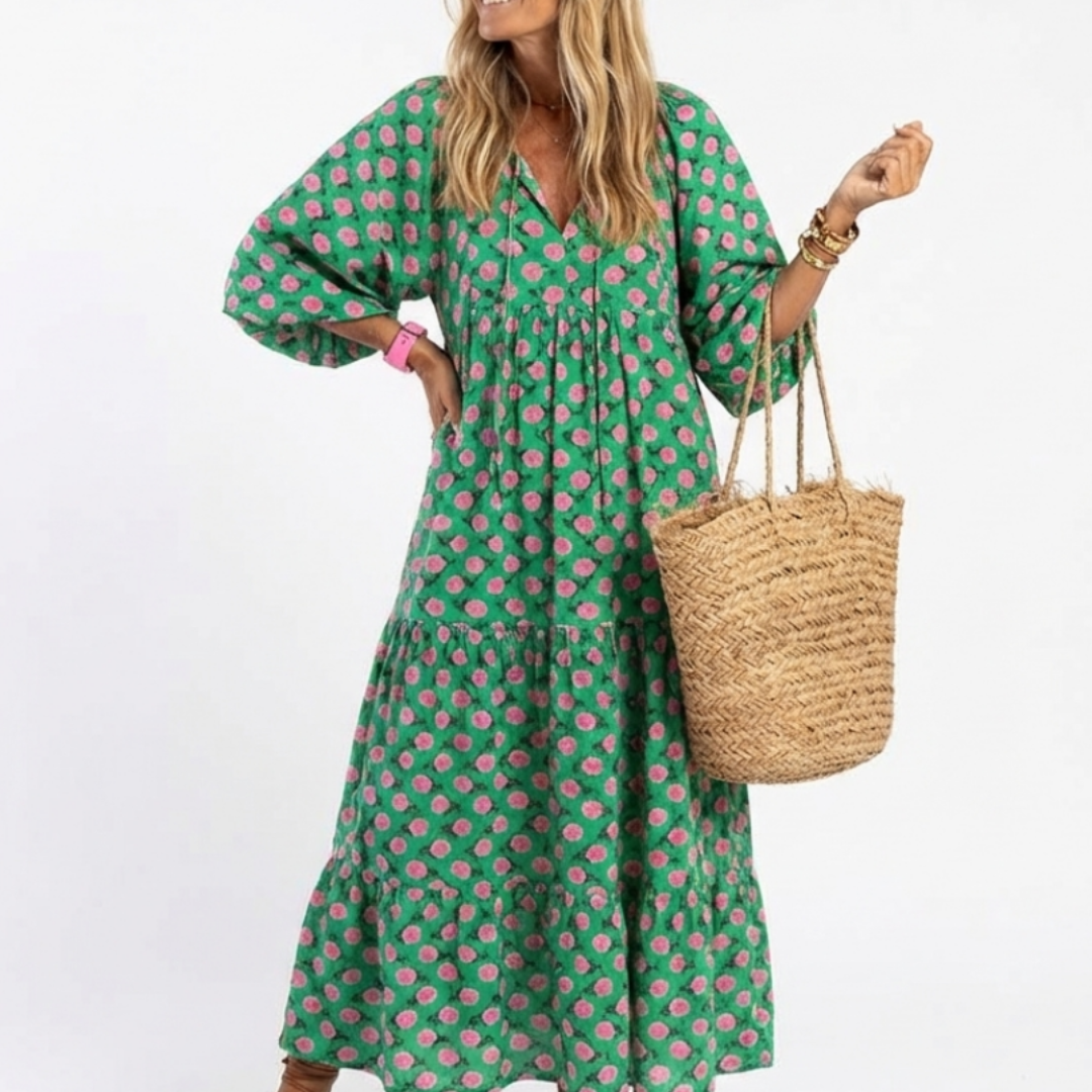 Fiora | Vestido midi con volantes, cuello en V y estampado floral