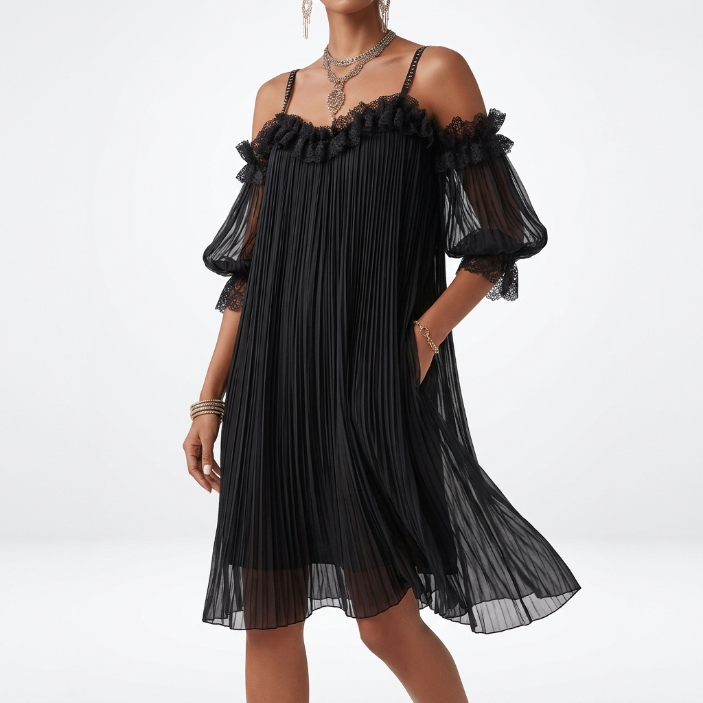 Volantine™ — Vestido corto con hombros al aire, plisado y con volantes