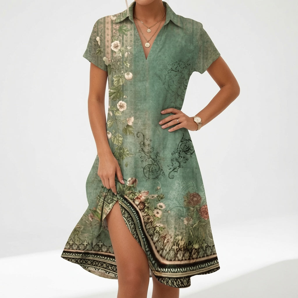 Chemiselle™ — Vestido tipo camisa con cuello en V, abertura lateral y estampado
