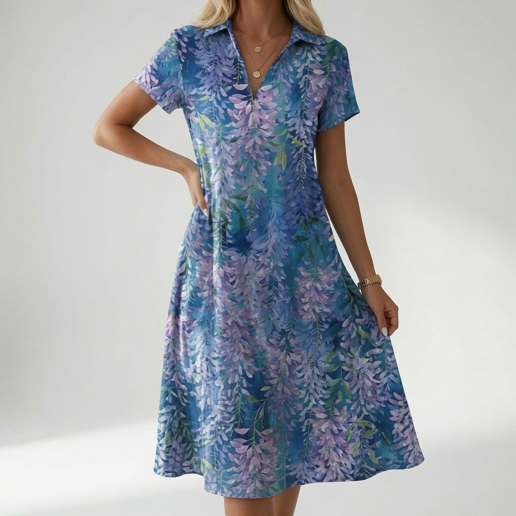 Chemiselle™ — Vestido tipo camisa con cuello en V, abertura lateral y estampado