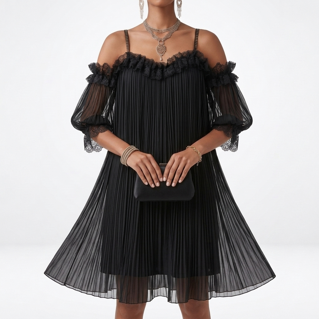 Volantine™ — Vestido corto con hombros al aire, plisado y con volantes