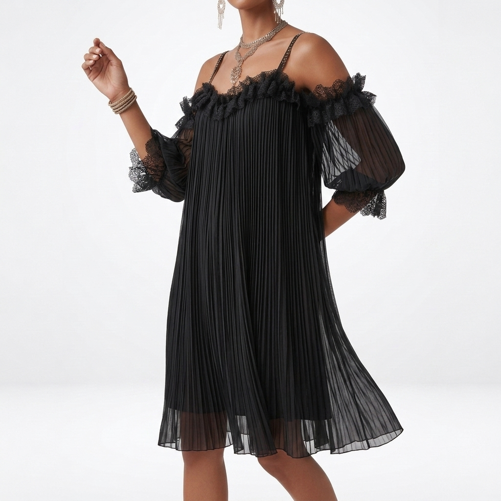 Volantine™ — Vestido corto con hombros al aire, plisado y con volantes